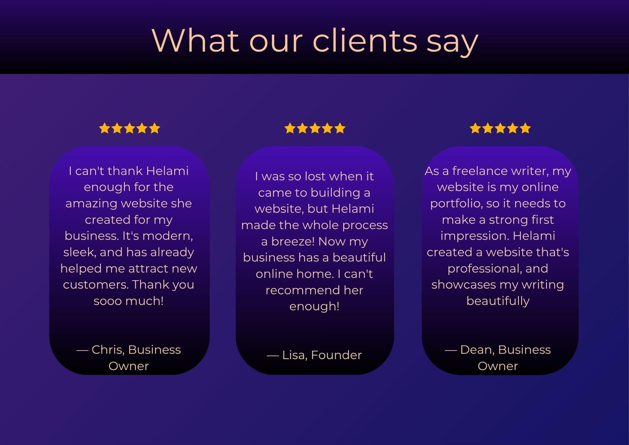 Client Testimonials | Helami Designs Client testimonials and reviews for Helami Designs branding, logo design, and web design services.