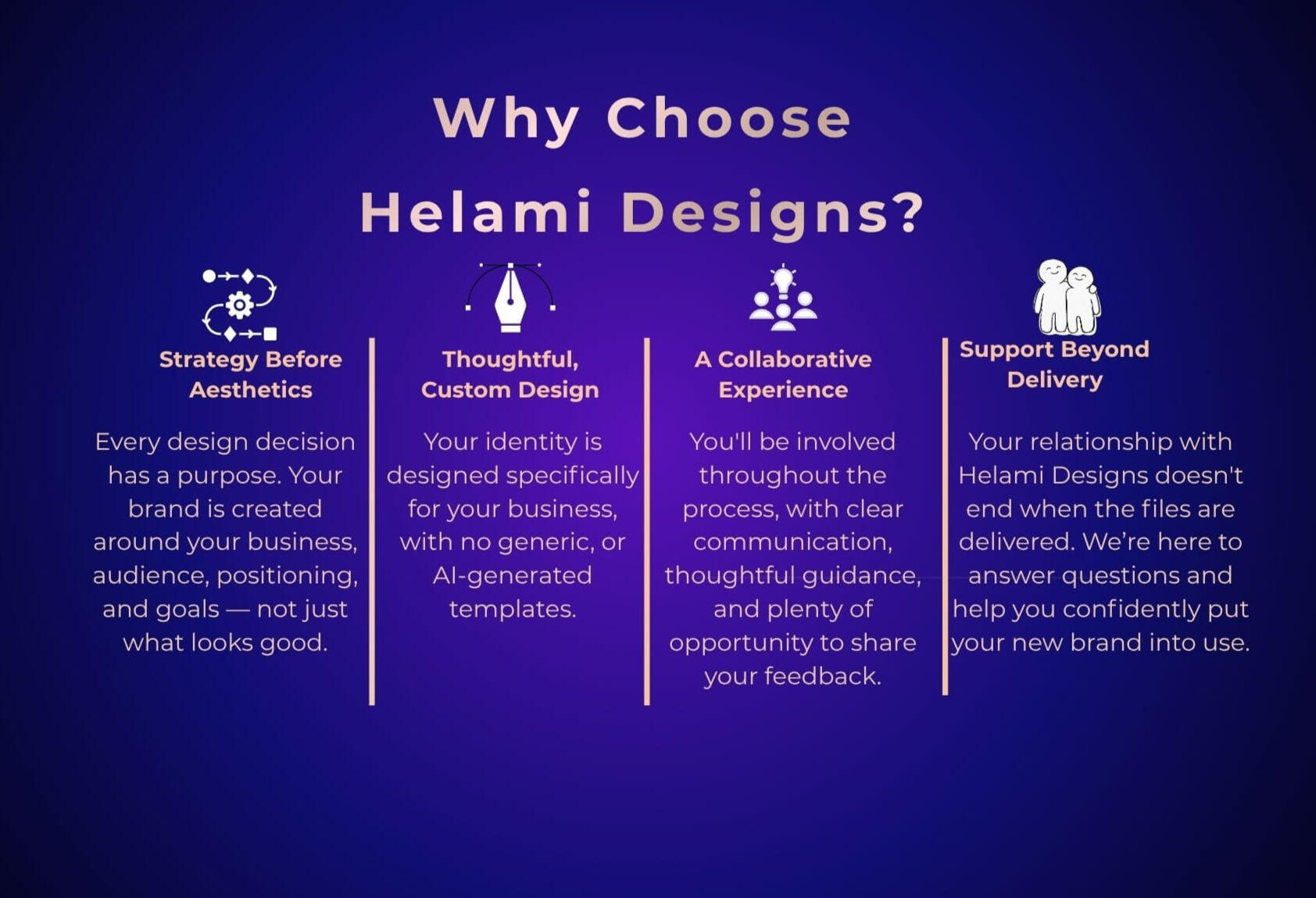 Why Choose Helami Designs Helami Designs approach to strategic branding and web design, combining thoughtful visual design, UX principles, and purposeful creative decisions.